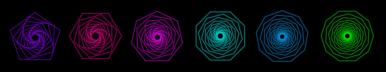Poster - Vector set of twisted colored geometry figures. Spirals fractal element. Sacred geometry with lines in form pentagon, hexagon, heptagon, octagon, nonagon, deatigon.