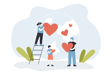 Tiny volunteers giving red hearts to planet Earth. Male, female characters saving environment flat vector illustration. Ecology, responsibility concept for banner, website design or landing web page