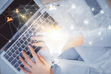 Aufkleber - Double exposure of woman hands working on computer and social network theme hologram drawing. Top View. People connection concept.