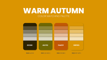 Warm Autumn color guide book cards samples. Color theme palettes or color schemes collection. Colour combinations in RGB or HEX. Set of trend color swatch cataloque inspiration for fashion or design.