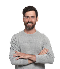 Wall Mural - Portrait of smiling bearded man on white background