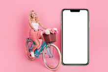 Full Length Body Size View Of Beautiful Trendy Cheery Girl Riding Bike Copy Blank Space Isolated Over Pink Pastel Color Background