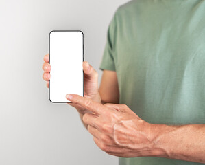 Poster - Forefinger pressing ok button at phone mockup. Man using Android template with blank display