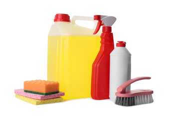 Set of different cleaning supplies on white background