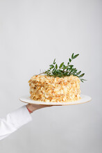 Cake Napoleon Of Puff Pastry With Sour Cream On A White Background. Copy Space.