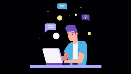 young man working at laptop animation with ALPHA channel. office worker or freelancer typing on computer. Time or project management. work routine, business, chatting. programming, web development