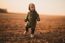 Little Curious Boy In Knitted Sweater On Walk In Autumn Nature.