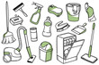 Cleaning supplies doodle icons. Hand drawn set of detergents, household tools for clean, sponge, vacuum cleaner, spray bottle, floor mop, broom, bucket and dishwasher. Equipment for housework concept.