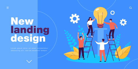 Poster - Teamwork of tiny people with insight idea. Brainstorm of male and female employees with light bulb flat vector illustration. Innovation, success concept for banner, website design or landing web page