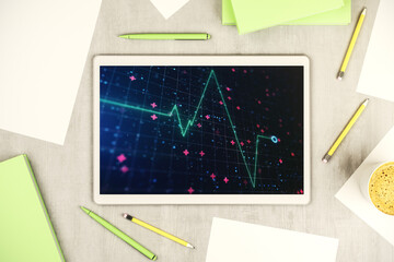 Poster - Creative abstract heart pulse hologram on modern digital tablet display, online medical consulting concept. Top view. 3D Rendering