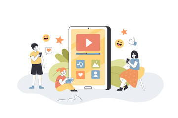 Poster - kids using mobile apps in tablet and phones. tiny boy and girls playing near big smartphone flat vec