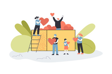 Poster - Tiny volunteers donating hearts in big charity box. Female and male characters giving love flat vector illustration. Donation, social help concept for banner, website design or landing web page