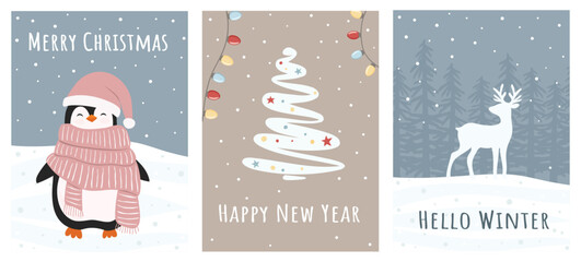 Wall Mural - Set of Christmas and New Year greeting cards with penguin, deer and christmas tree.