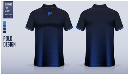 Blue polo shirt mockup template design for soccer jersey, football kit, golf, tennis, sportswear. Metal pattern.