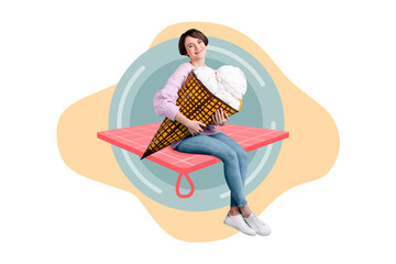 Poster - Collage photo of young beautiful optimistic woman holding icecream sitting plaid isolated on white color background