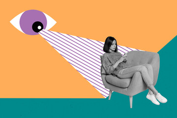 Sticker - 3d retro abstract creative artwork template collage of hacker eye spying personal data girl sit armchair relax use telephone cyber security