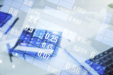 Poster - Multi exposure of stats data illustration on calculator and laptop background, computing and analytics concept
