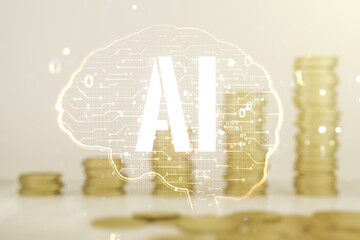 Poster - Virtual creative artificial Intelligence hologram with human brain sketch on stacks of coins background. Multiexposure