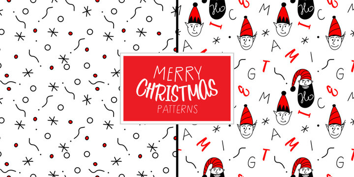 Merry Christmas set of seamless pattern with head elf and Santa Claus. The xmas black and red vector illustration in doodle art style. Trendy hand drawn icons.