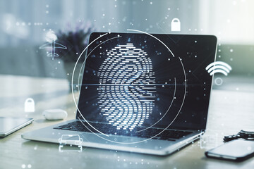 Poster - Double exposure of abstract creative fingerprint hologram on laptop background, research and development concept