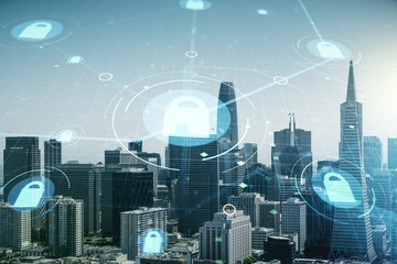 Poster - Virtual creative lock symbol and microcircuit illustration on San Francisco skyline background. Protection and firewall concept. Multiexposure