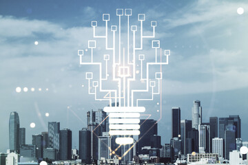 Poster - Virtual creative idea concept with light bulb and microcircuit illustration on Los Angeles skyline background. Neural networks and machine learning concept. Multiexposure