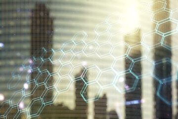 Poster - Abstract virtual wireless technology hologram with hexagon on office buildings background. Big data and database concept. Multiexposure