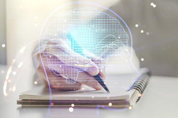 Aufkleber - Double exposure of creative human head microcircuit with man hand writing in notepad on background. Future technology and AI concept