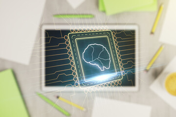 Poster - Double exposure of creative human brain microcircuit and modern digital tablet on background. Future technology and AI concept