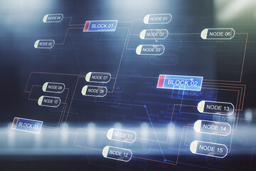 Poster - Multi exposure of abstract creative coding sketch on blurry modern office building background, artificial intelligence and neural networks concept