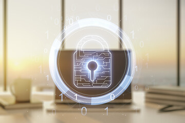 Poster - Creative light lock illustration with microcircuit on modern computer background, cyber security concept. Multiexposure