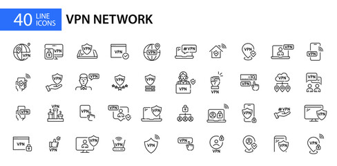 Wall Mural - 40 vpn secure network and user data protection icons. pixel perfect, editable stroke