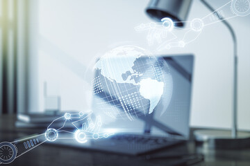 Aufkleber - Creative concept of robotics technology with globe sketch on modern laptop background. Robot development and automation concept. Multiexposure