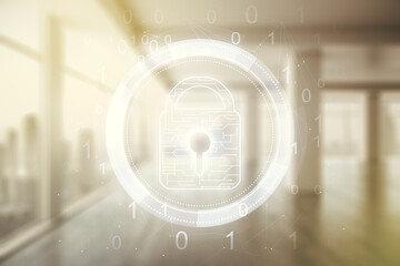 Poster - Virtual creative lock symbol and microcircuit illustration on empty corporate office background. Protection and firewall concept. Multiexposure