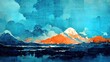 Traditional chinese ink painting with blue and black colors. Scenery, landscape, water, lake with hills or mountains. 4k wallpaper. Asian drawing.