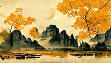 Autumn, Fall, Traditional Chinese Painitng. 4K Background, Chinese Ink With Orange Colors. Old Asian Art. Landscape, Orange Trees, Hills, Mountains On Paper.