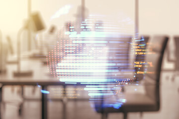 Poster - Multi exposure of abstract programming language hologram and world map on a modern furnished office interior background, artificial intelligence and neural networks concept
