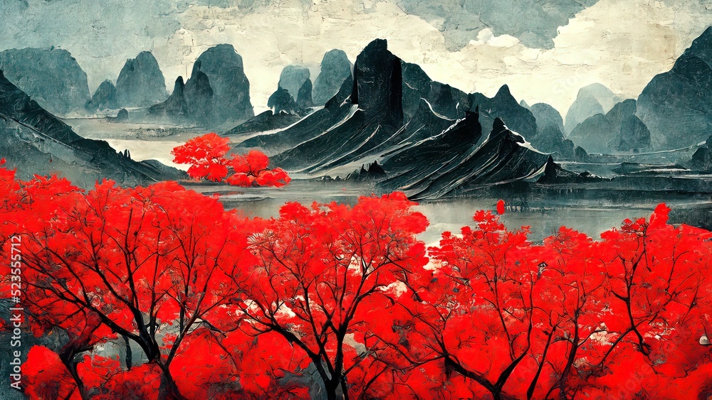 絵画 Red Mountain Japanese Mt.Fuji Metal Engraving Wall Art Red Mountain Cloud