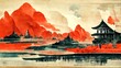 Traditional painting chinese ink red landscape. Painting of hills, trees on a textured paper. Old Asian, japanese design. 4k drawing. Beautiful artwork.