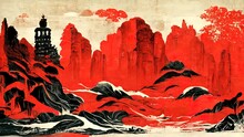 Traditional Painting Chinese Ink Red Landscape. Painting Of Hills, Trees On A Textured Paper. Old Asian, Japanese Design. 4k Drawing. Beautiful Artwork.