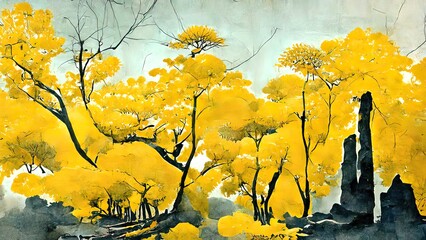 Wall Mural - Chinese ink painting. Yellow and black colors, 4k wallpaper, background. Traditional  asian artwork. Landscape, hills, flowers, village. Autumn feeling on textured paper.