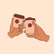 Female hands holding cups or mugs with coffee. Side view. Set of hand drawn colored trendy vector illustrations.