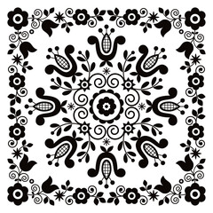 Wall Mural - Polish traditional folk art vector greeting card design with floral frame, retro ornament on black and white
