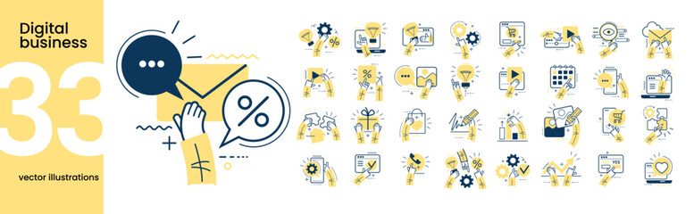 Poster - Concept illustration set. Collection of different digital business scenes and situations. Human hands with icons and images. Online business, startup, management, project development, communication