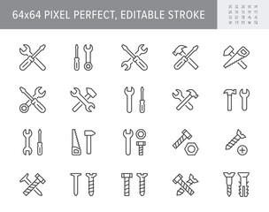 Repair tools line icons. Vector illustration include icon - hammer, ring spanner, fasteners, nail, screwdriver, wrench outline pictogram for construction toolkit. 64x64 Pixel Perfect, Editable Stroke