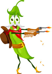 Cartoon pea personage with revolvers, green bean