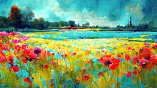 Flower Fields Painting. Colorful Drawing Of Netherlands Flower Harvest Fields. Red, Green, Orange Watercolor. 4K Landscape, Background, Wallpaper.