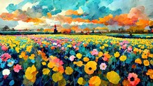 Flower Fields Painting. Colorful Drawing Of Netherlands Flower Harvest Fields. Red, Green, Orange Watercolor. 4K Landscape, Background, Wallpaper.