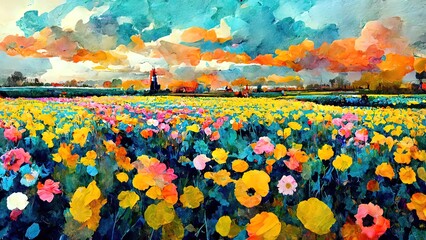 flower fields painting. colorful drawing of netherlands flower harvest fields. red, green, orange wa