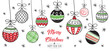 Merry Christmas greeting card red and green with modern baubles. Vector illustration.
